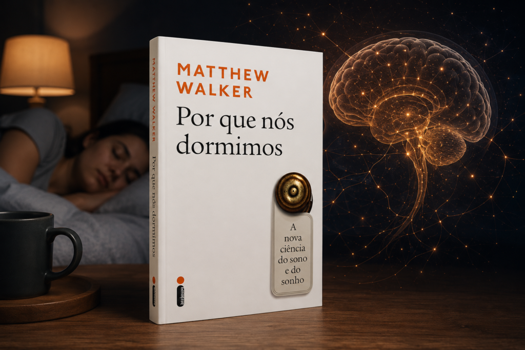 Livro "Por que nós dormimos", de Matthew Walker, aberto sobre uma mesa de madeira durante leitura sobre sono, memória e saúde cerebral.