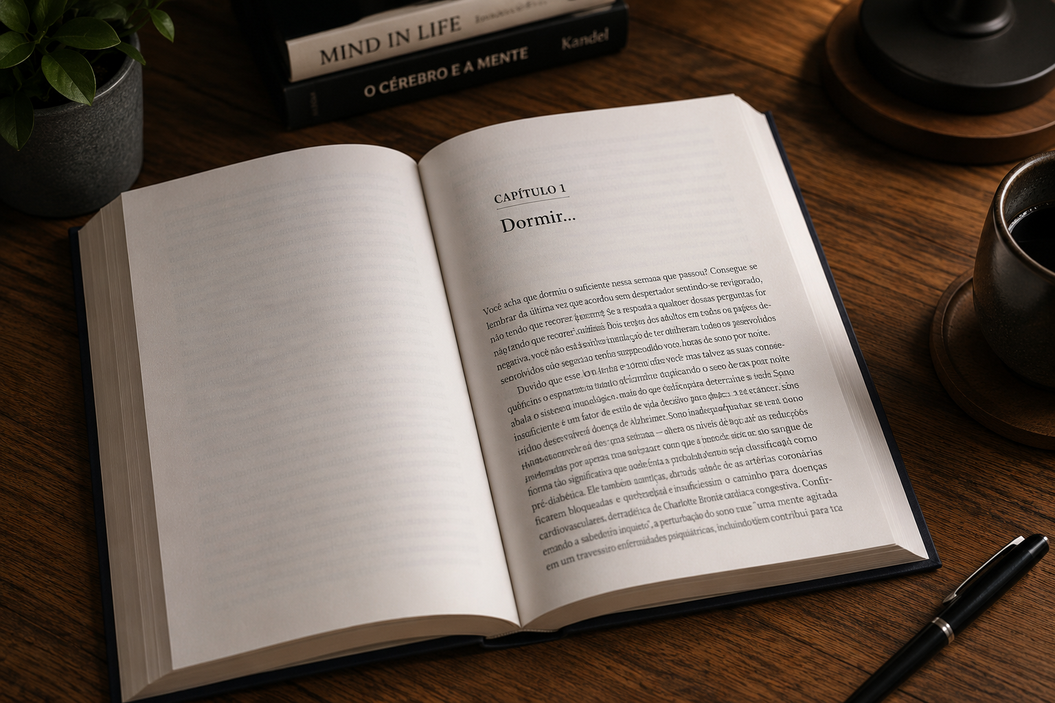 Livro "Por que nós dormimos", de Matthew Walker, aberto sobre uma mesa de madeira durante leitura sobre sono, memória e saúde cerebral.